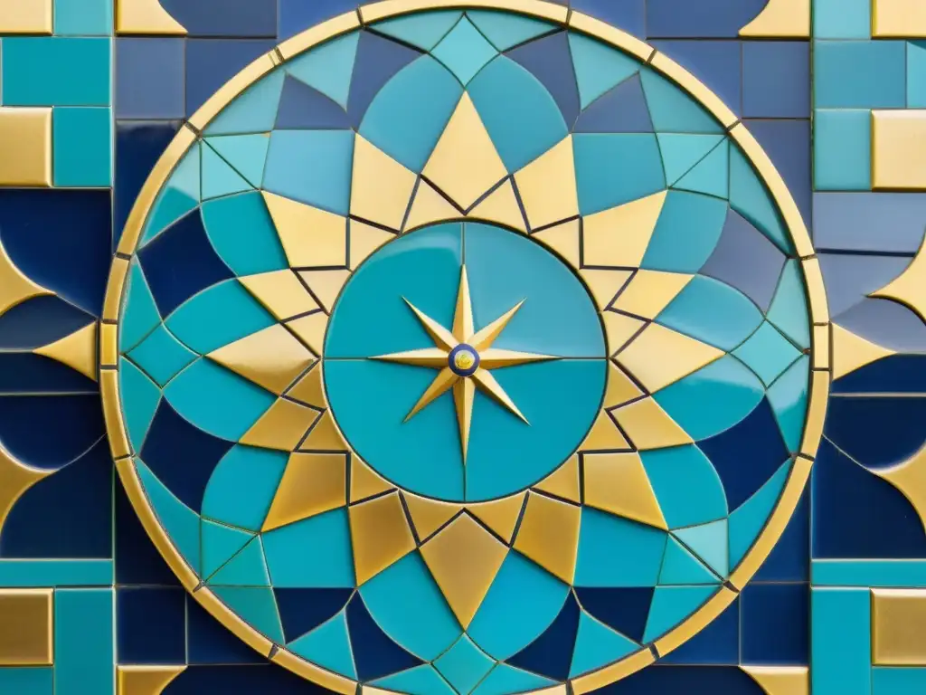 Detalle de mosaico árabe con patrón geométrico en azul, turquesa y dorado, fusionando arte, ciencia y matemáticas