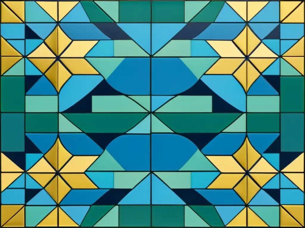 Detalle de mosaico árabe en azul, verde y dorado, muestra técnicas ensamble mosaicos árabes en diseño vintage