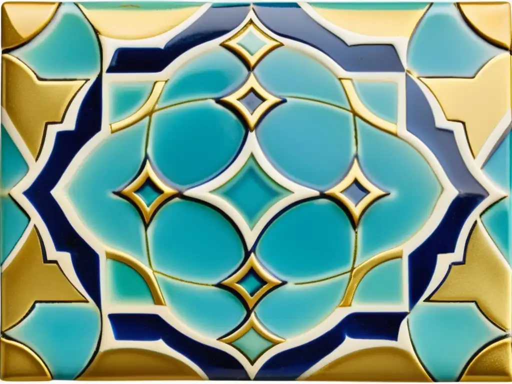 Detalle de azulejo de cerámica islámica vintage con geometría sagrada y vibrantes colores de azul, turquesa y oro