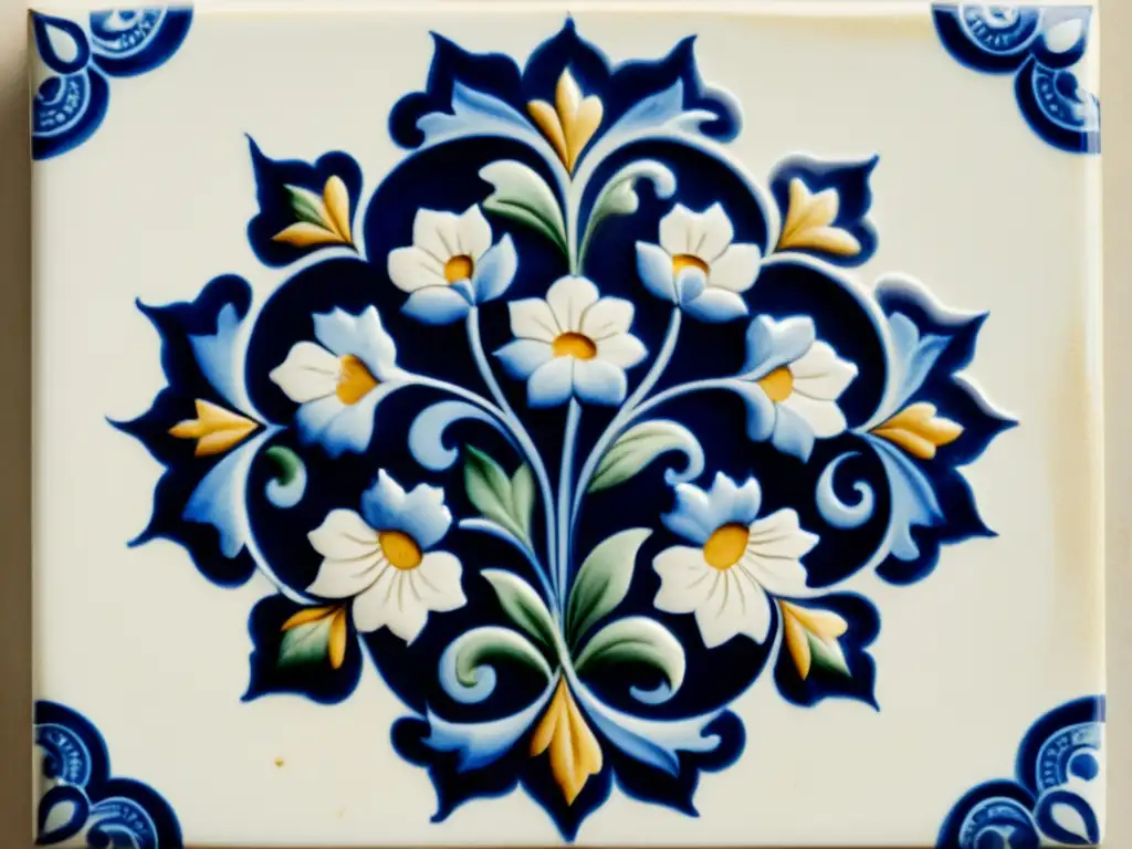 Detalle de azulejo de cerámica de Delft con patrones florales azules pintados a mano, sobre fondo vintage, evocando la artesanía atemporal de Delft