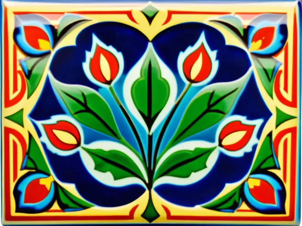 Detalle de azulejo de cerámica Iznik con patrones otomanos en azul, verde y rojo vibrante, reflejando la artesanía exquisita de la cerámica Iznik