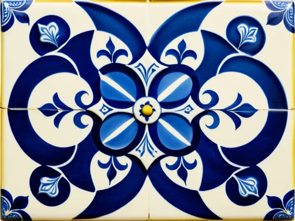 Detalle de azulejo portugués con intrincados diseños históricos en azul y blanco, destacando la artesanía y tradición de los azulejos portugueses