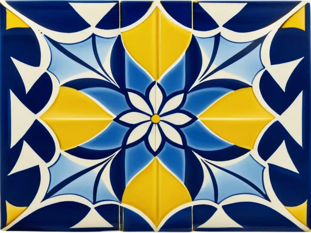 Detalle de azulejo portugués pintado a mano, con diseño geométrico y flores en azul, amarillo y blanco