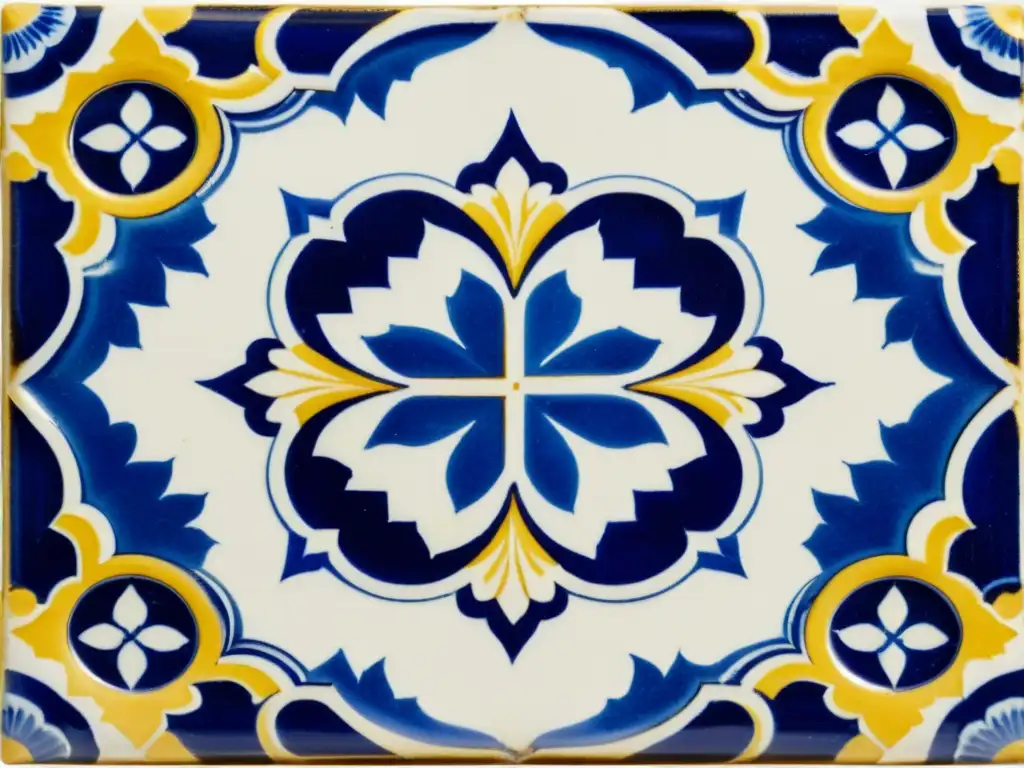 Detalle de azulejo portugués tradicional, con motivos florales y geométricos en azul y blanco