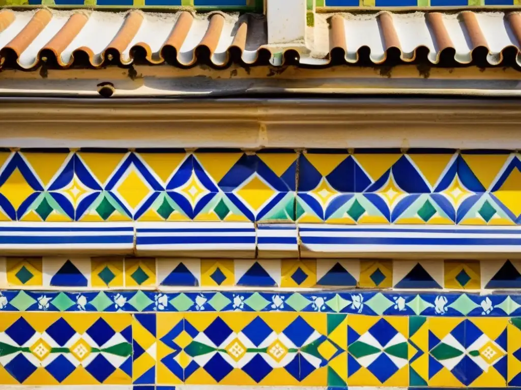 Detalle de azulejos portugueses artesanales, con patrones artísticos para aumentar reconocimiento, en fachada histórica con encanto vintage