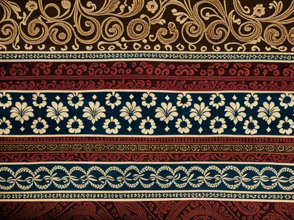 Detalle de tela batik indonesia con intrincados patrones y rica paleta de colores sobre fondo texturizado