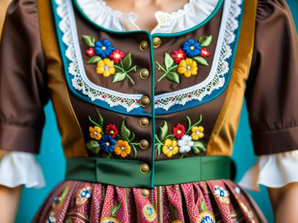 Detalle de un dirndl bávaro con bordados intrincados y colores vibrantes, evocando el significado cultural de los patrones tradicionales