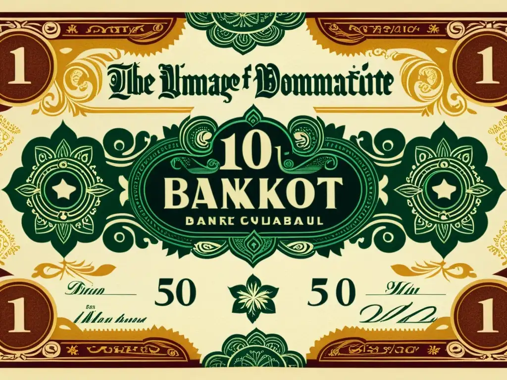 Detalles artísticos en billete antiguo Detalle de un billete vintage con patrones artísticos y diseño en tonos terrosos