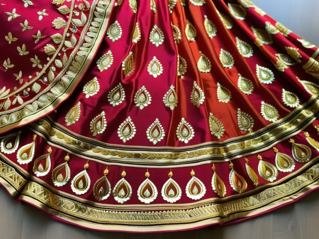 Detalle de lehenga rajasthani con bordado Gota Patti, resaltando el arte rajasthani gota patti diseño y su exquisita artesanía