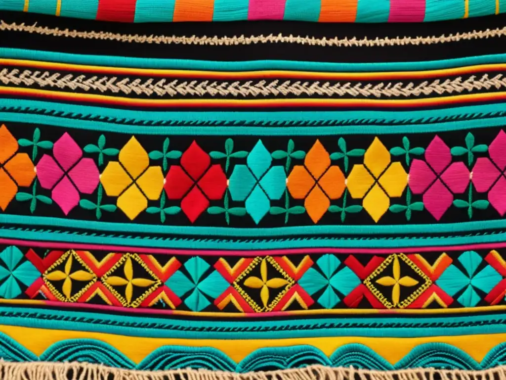 Detalle de bordado mexicano tradicional con patrones y colores vibrantes, en un telón vintage