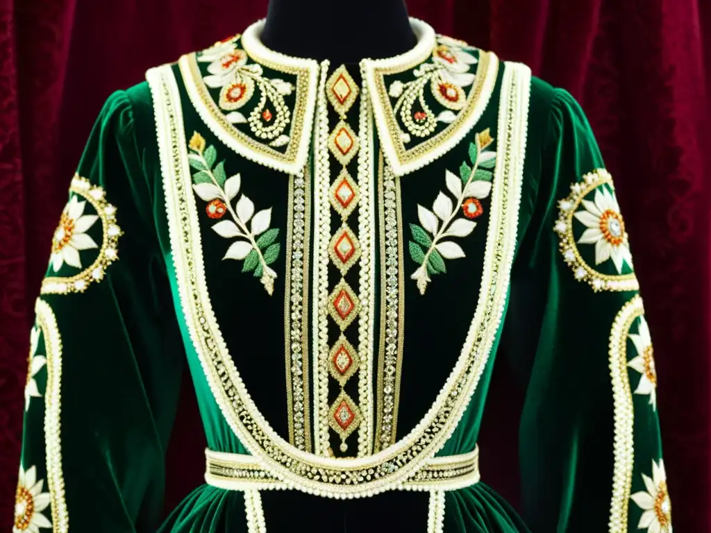 Detalle de bordado y pedrería en un vestido imperial ruso, evocando la opulencia y significados patrones de la Rusia Imperial