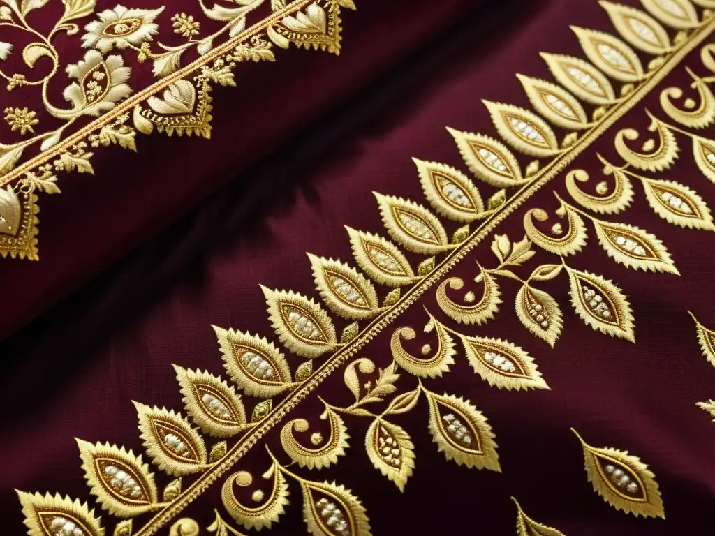 Detalle de brocado Banarasi en maroon, con intrincados hilos dorados