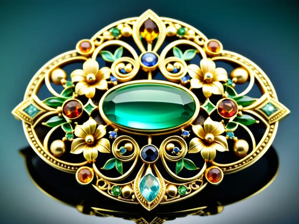 Detalle de un broche Art Nouveau con patrones artísticos en joyería, gemas vibrantes y oro envejecido, evocando elegancia y belleza atemporal