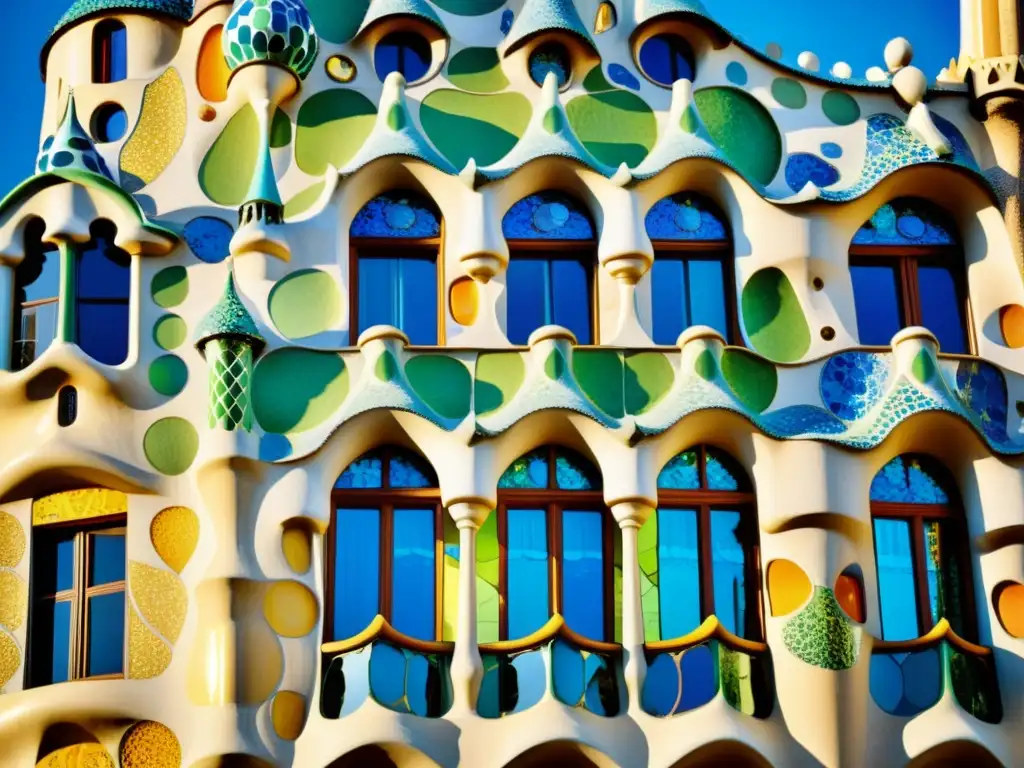 Detalle del trencadís en Casa Batlló, una muestra del modernismo catalán con colores vibrantes y técnica trencadís