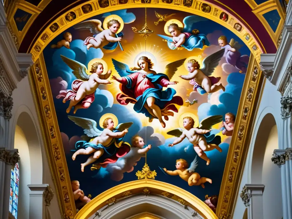 Detalle celestial en pintura barroca: Patrones angelicales y colores ricos adornan el techo de una catedral