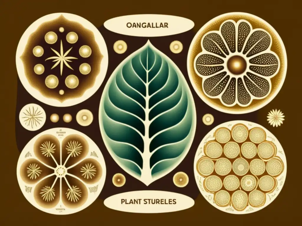 Detalle sepia de células vegetales y animales en intrincados patrones biológicos