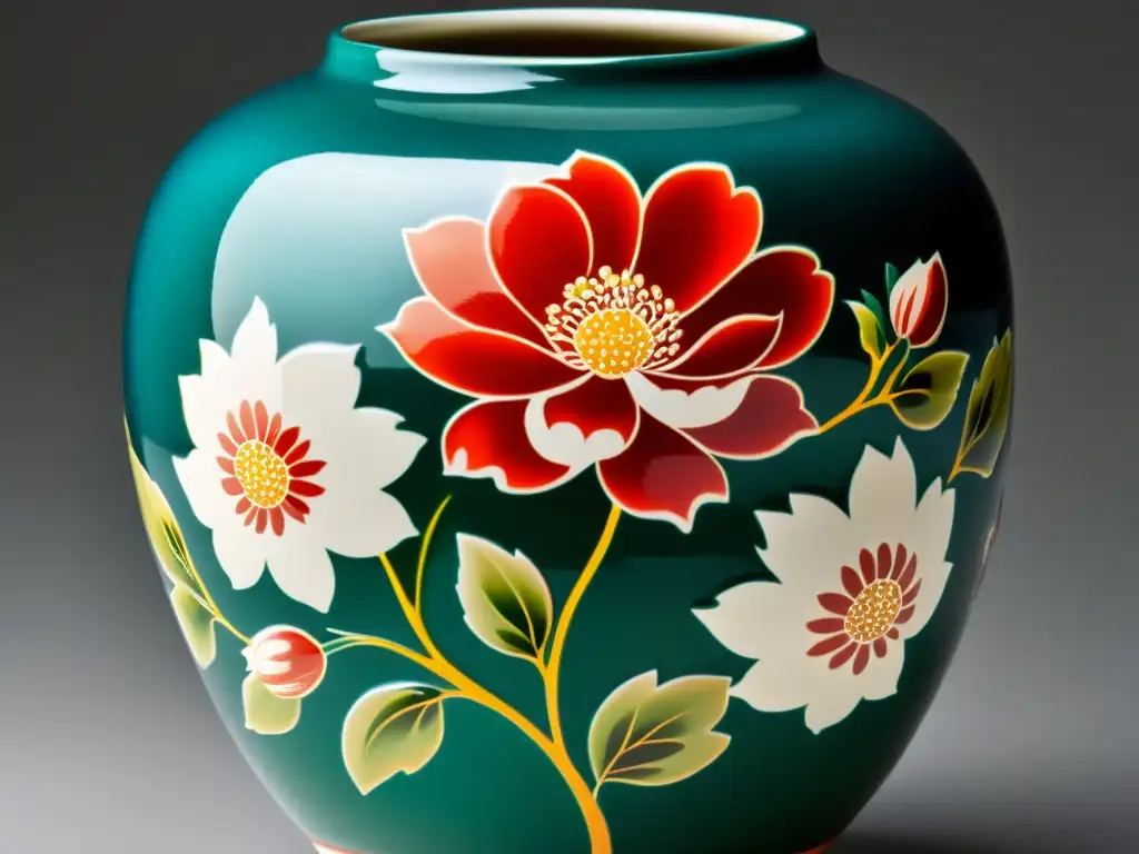 Detalle de un jarrón de cerámica japonesa con motivos florales pintados a mano en colores vibrantes, simbolizando la naturaleza y el arte