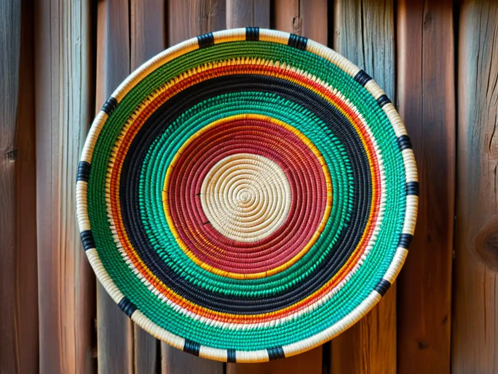 Detalle de cesta tejida Zulu con patrones geométricos vibrantes y colores tierra, sobre fondo de madera rústica