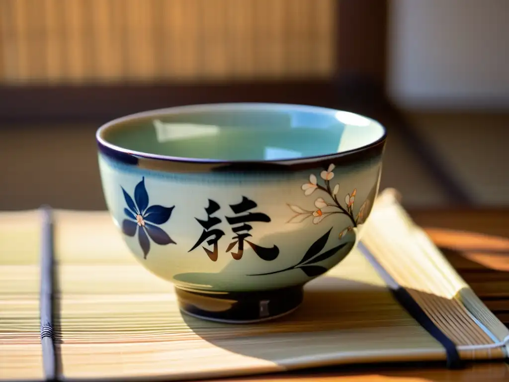 Detalle de un chawan japonés con diseño de cerezos y kanji, reflejando la elegancia y simbolismo de cerámicas japonesas