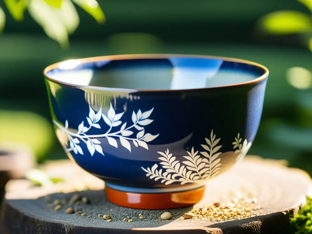 Detalle de un chawan japonés, simbolismo y estética de cerámicas japonesas en un jardín sereno