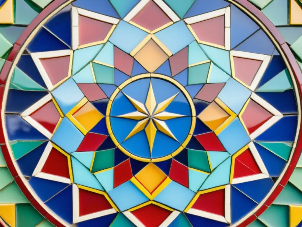 Detalle de mosaico árabe con geometría divina, colores vibrantes y precisión artística