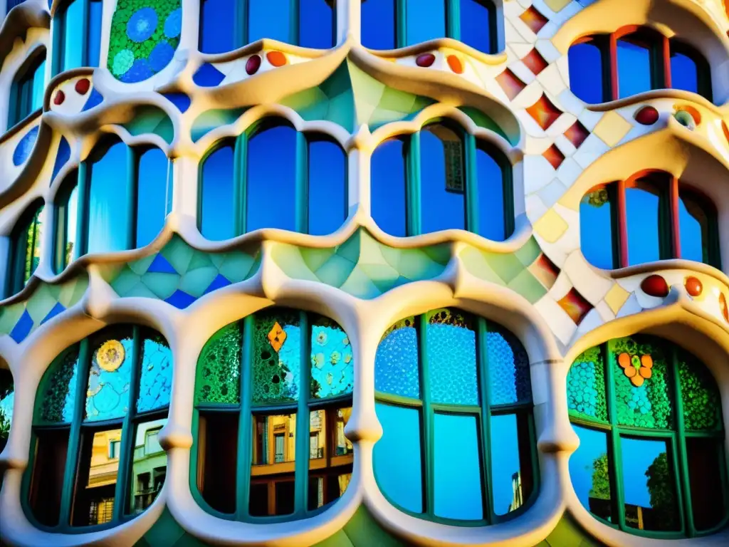 Detalle colorido de mosaicos en Casa Batlló, reflejando los patrones artísticos durante el modernismo catalán