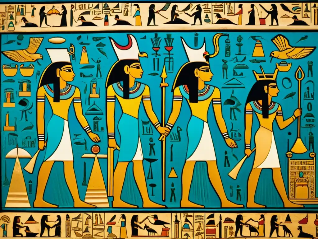 Detalle colorido de un panel de jeroglíficos egipcios, revelando el significado de los patrones egipcios y su rico legado cultural
