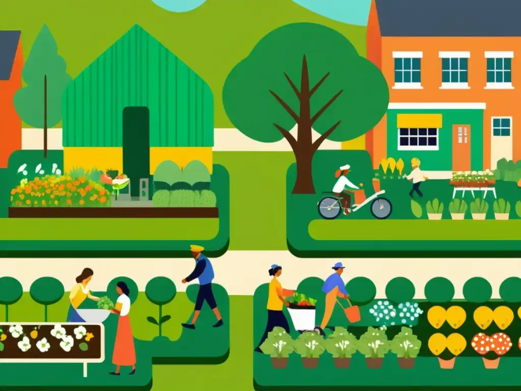 Detalle en ilustración 8k de comunidad sostenible con patrones de diseño vida sostenible, gente compartiendo, jardines y energía renovable