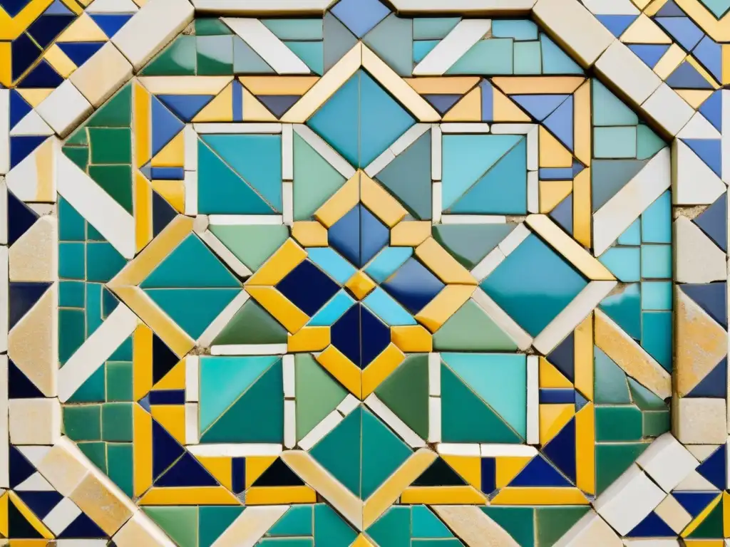 Detalle de mosaico árabe conservado, con patrones geométricos y colores vibrantes en un fondo de piedra envejecida