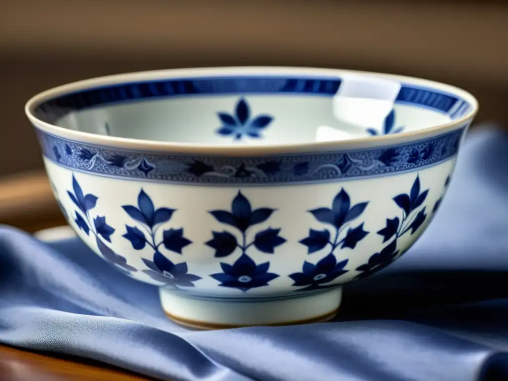 Detalle de cuenco de porcelana Jingdezhen con patrones artísticos en azul y blanco, resaltados por la luz suave