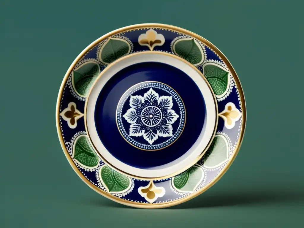 Plato de porcelana vintage en azul cobalto y verde esmeralda Detalle de un delicado plato de porcelana con patrón floral en azul, verde y detalles dorados