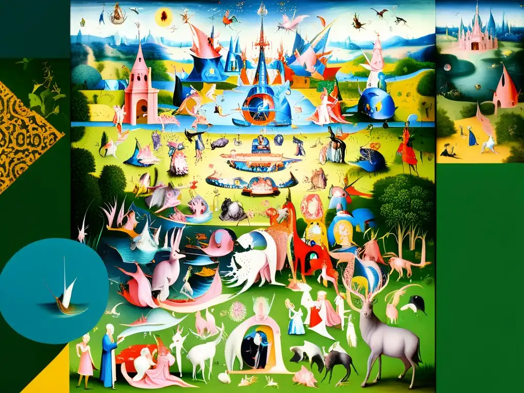 Detalle vibrante de El Jardín de las Delicias de Bosch Detalle de 'El Jardín de las Delicias' de Hieronymus Bosch, con simbolismo y patrones renacentistas arte