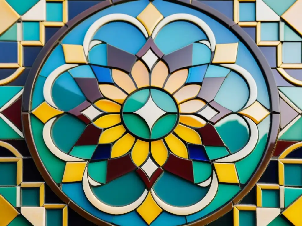 Detalle deslumbrante de un mosaico árabe vintage iluminado por el cálido sol, resaltando su intrincado diseño geométrico y colores vibrantes