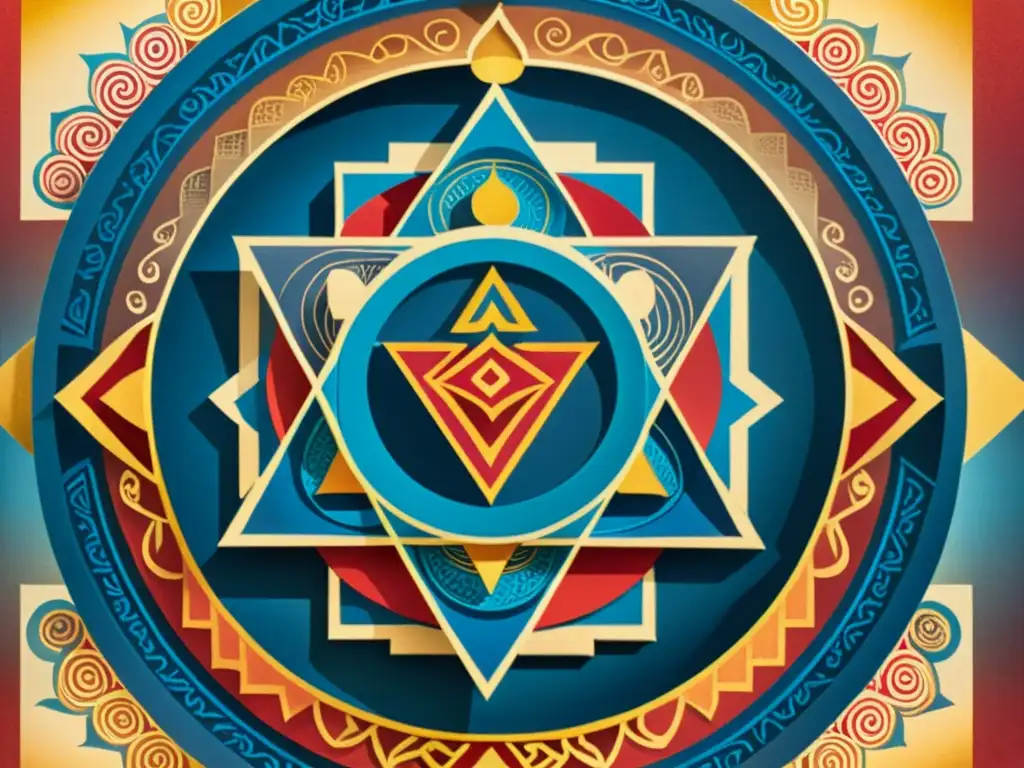 Detalle de Yantra dibujado a mano, con patrones artísticos India geometría sagrada en tonos vibrantes y texturas profundas