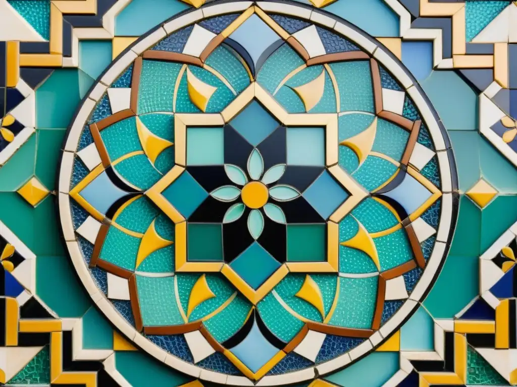 Detalle de mosaico árabe con diseño gráfico, colores vibrantes y formas geométricas detalladas, reflejando belleza atemporal