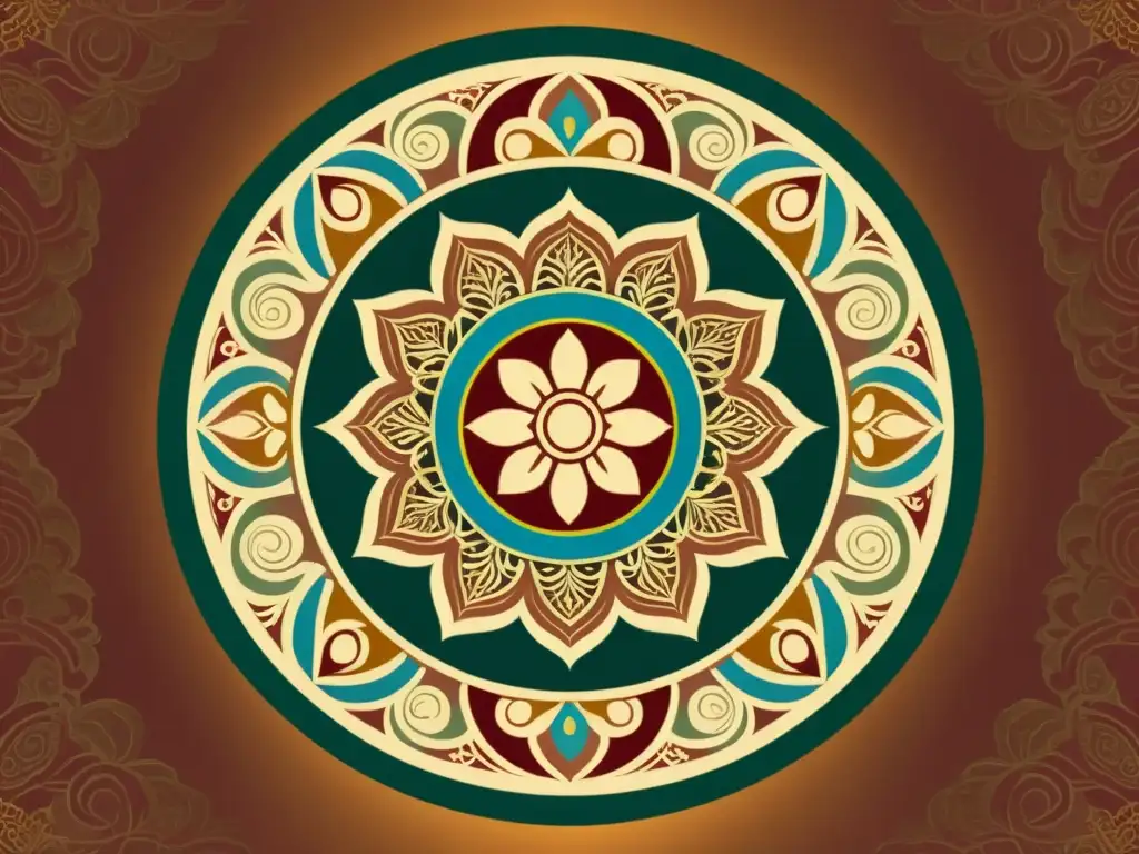 Detalle de un diseño de patrones culturales inspirados en un mandala tibetano vintage, con intrincados diseños geométricos en tonos terrosos