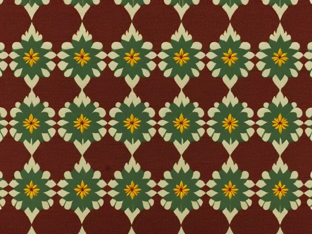 Detalle de diseño textil para moda global con estampado floral vintage en tonos cálidos y detalles artesanales