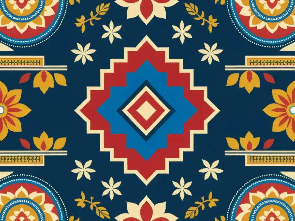 Detalle de un diseño textil vintage con motivos culturales en rojo, azul y dorado