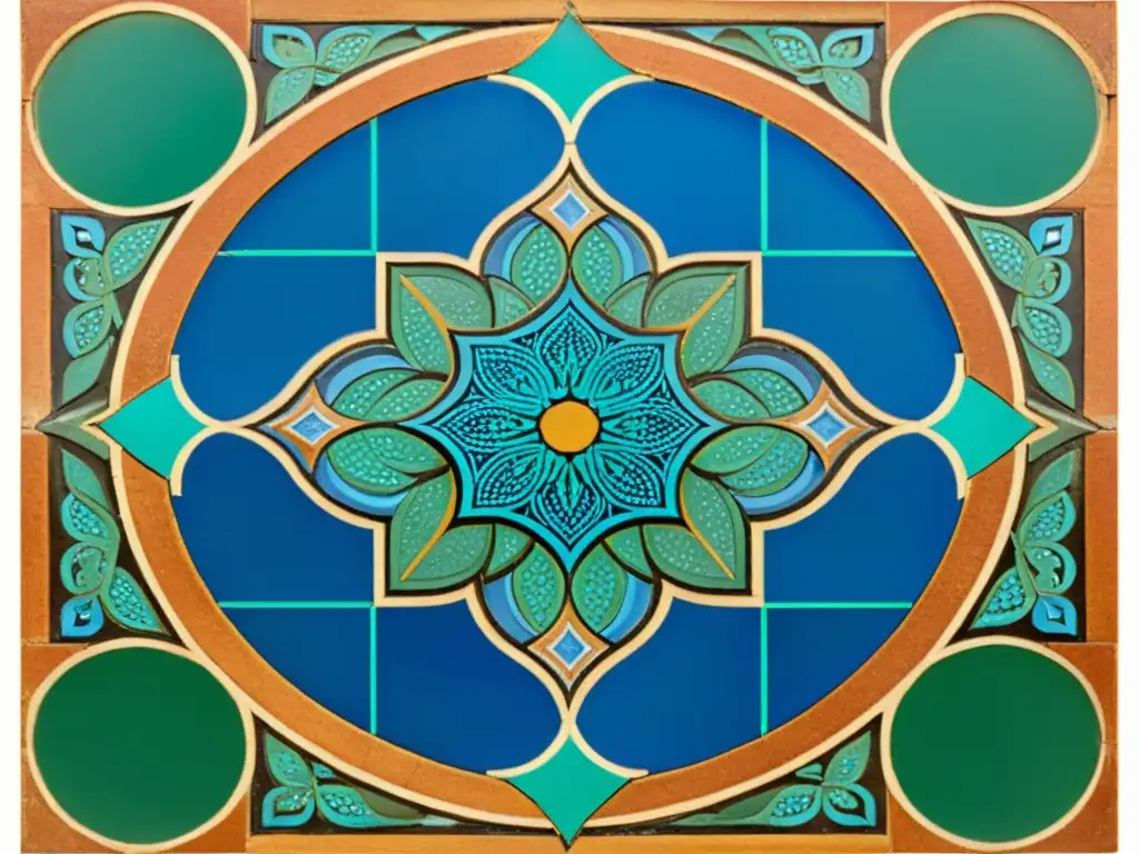 Detalle de mosaico árabe con geometría divina en tonos tierra, azules y verdes, y patina vintage