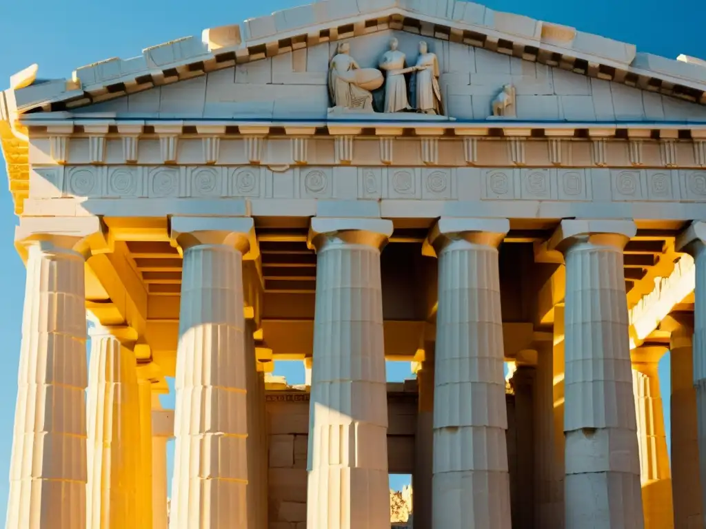 Detalle dorado de la proporción áurea en el Parthenon, resaltando su armonía matemática y belleza estética