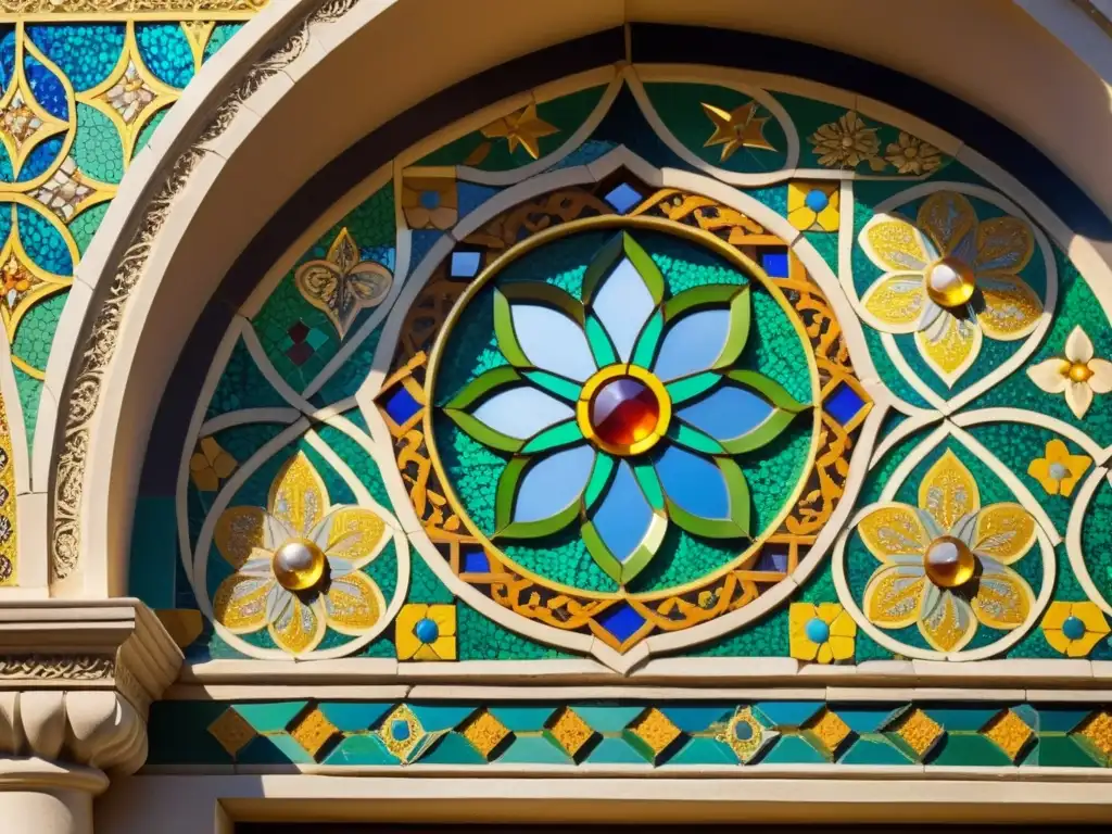 Detalle de mosaico árabe vintage en edificio histórico, resaltando la preservación de mosaicos árabes a través del turismo cultural