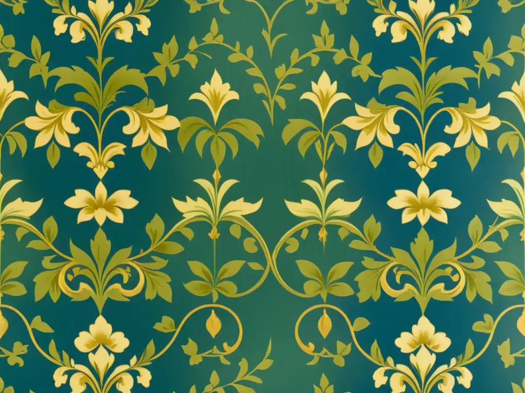 Detalle en 8k de un elegante diseño de papel pintado en Europa con motivos florales y detalles ornamentales en tonos suaves de azul, verde y dorado