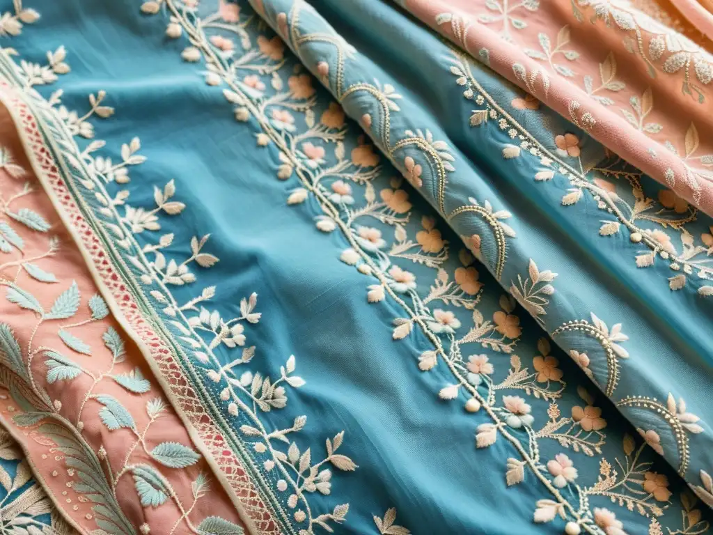 Detalle de un elegante saree vintage con bordado Chikankari en tonos pastel, resaltando la artesanía y la moda contemporánea india