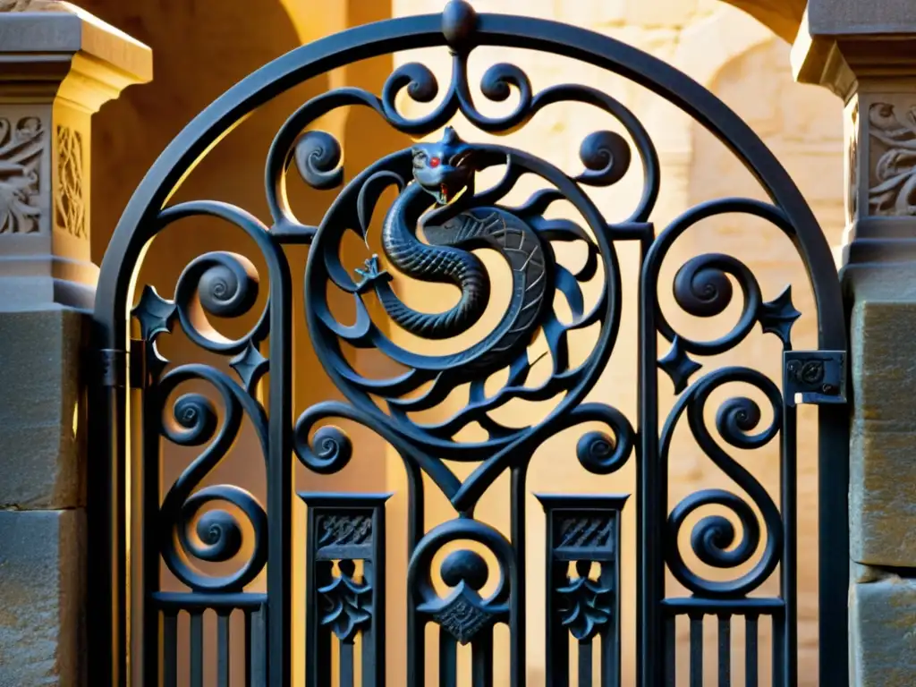 Detalle de una herrería tradicional europea con simbolismo, envejecida y llena de historia, iluminada por suave luz solar