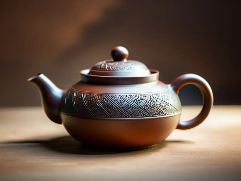 Detalle de excelencia cerámica Yixing Zisha té: textura de arcilla, pátina vintage y artesanía en teapot iluminado suavemente