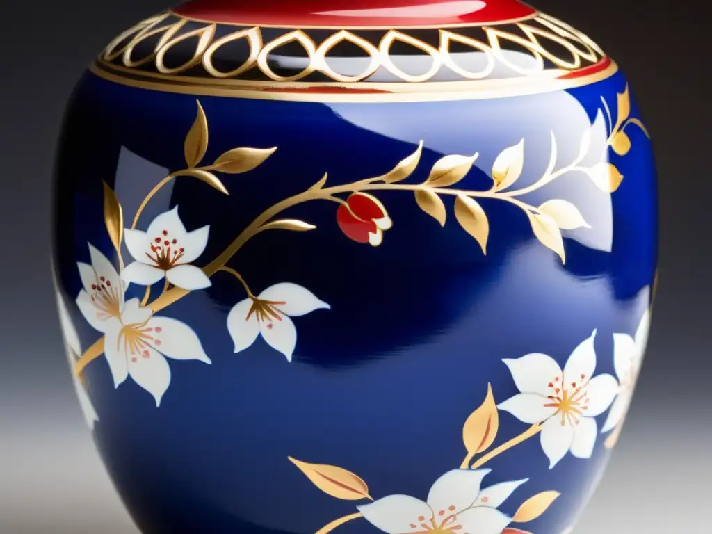 Exquisita jarra de porcelana Kutani pintada a mano Detalle de una exquisita jarra de porcelana Kutani, con vibrantes colores y patrones elaborados