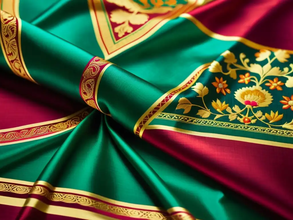 Detalle de exquisita seda Assam, con motivos tradicionales y rica paleta de colores, evocando la elegancia de la moda india