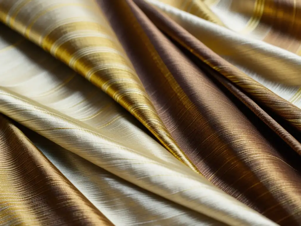 Detalle de la exquisita textura y patrones de Tussar Silk India en tonos tierra y dorados, evocando elegancia atemporal