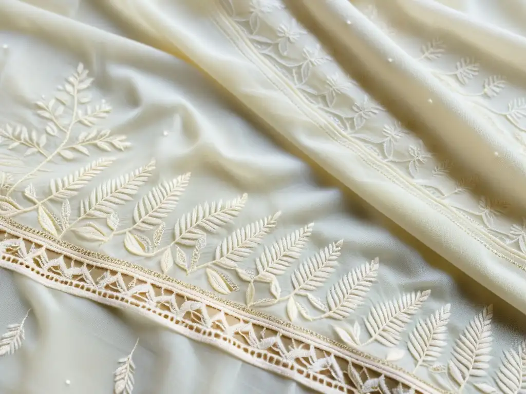 Detalle del exquisito Chikankari bordado en un elegante saree de algodón vintage, capturando la belleza del bordado en la moda contemporánea