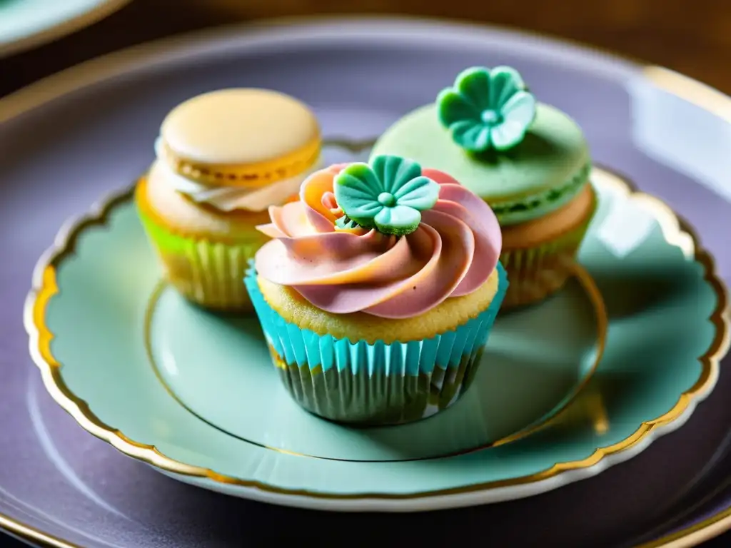 Detalle de un exquisito cupcake y macaron decorados con precisión en técnicas de patrones en repostería, sobre una delicada vajilla ornamentada